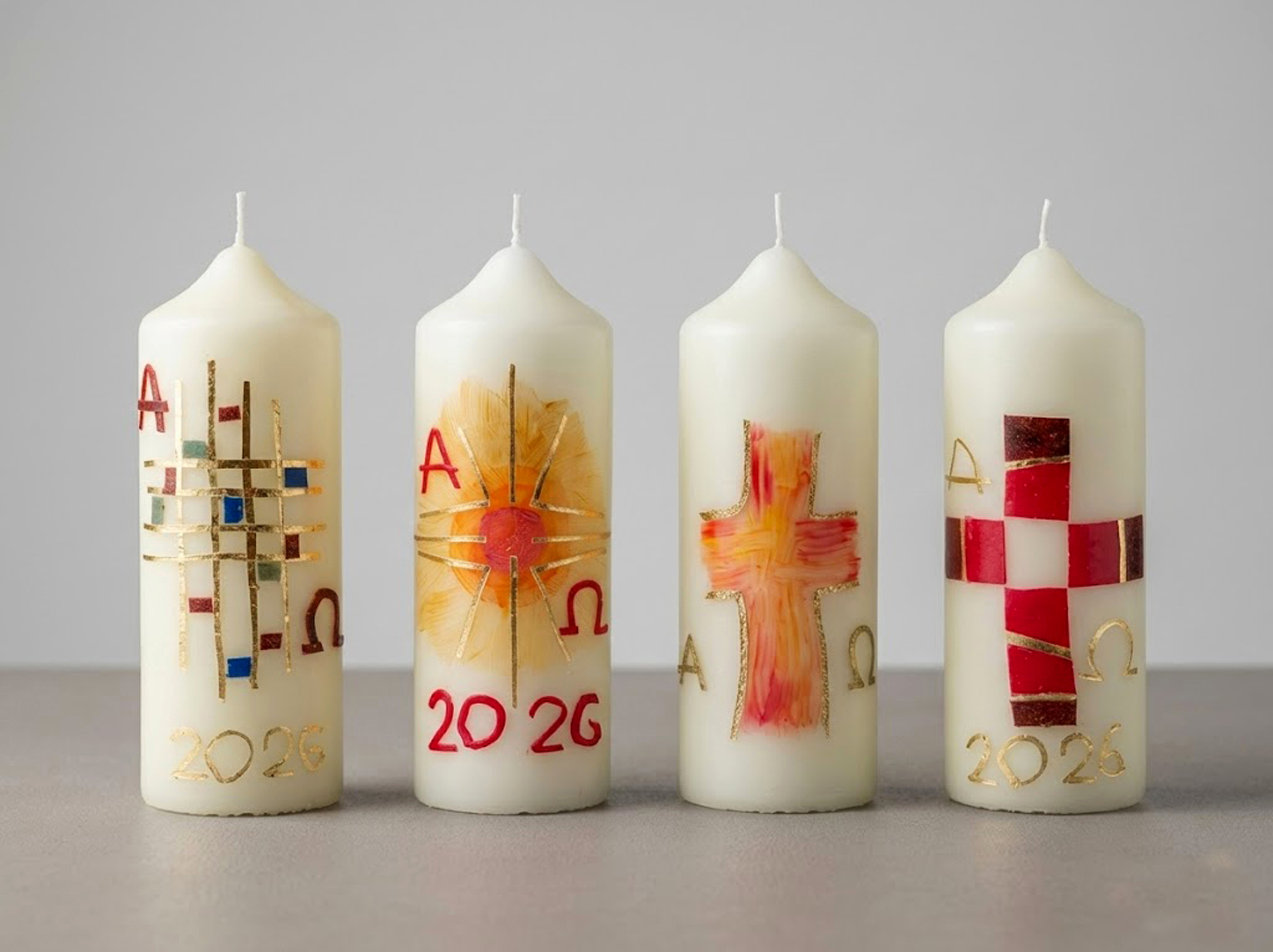 Vier verzierte Osterkerzen stehen nebeneinander.