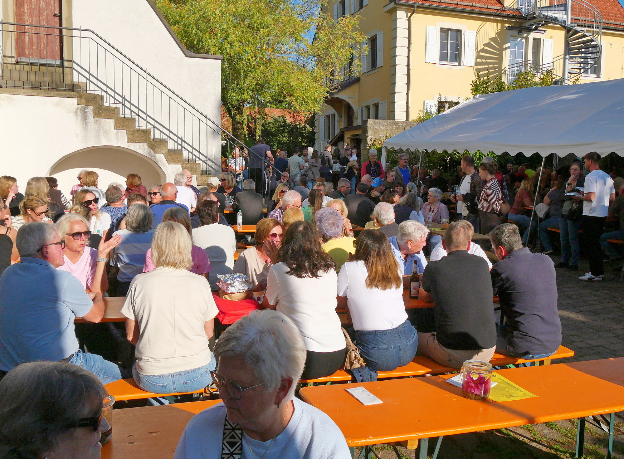 Das Bild zeigt einen Blick auf das Festgelände mit Tischen, Bänken und Ständen. Es ist sonniges Wetter und die Menschen unterhalten sich.