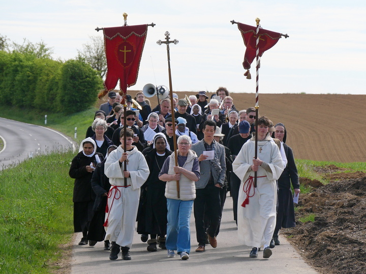 Das Bild zeigt eine Prozession auf einer Landstraße. Menschen, darunter auch Ordensleute in weißen Gewändern und Nonnen in schwarzen Trachten, tragen Kreuze und rote Banner mit Kreuzen. Im Hintergrund sind Felder und Bäume sichtbar.