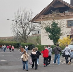 Eine Gruppe Kinder geht durch eine Straße. Sie sind von hinten zu sehen.