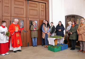 Der Pfarrer und ein Ministrant stehen an der hinteren Kirchentüre. Rechts neben ihnen sind Menschen mit Palmwedeln in den Händen.