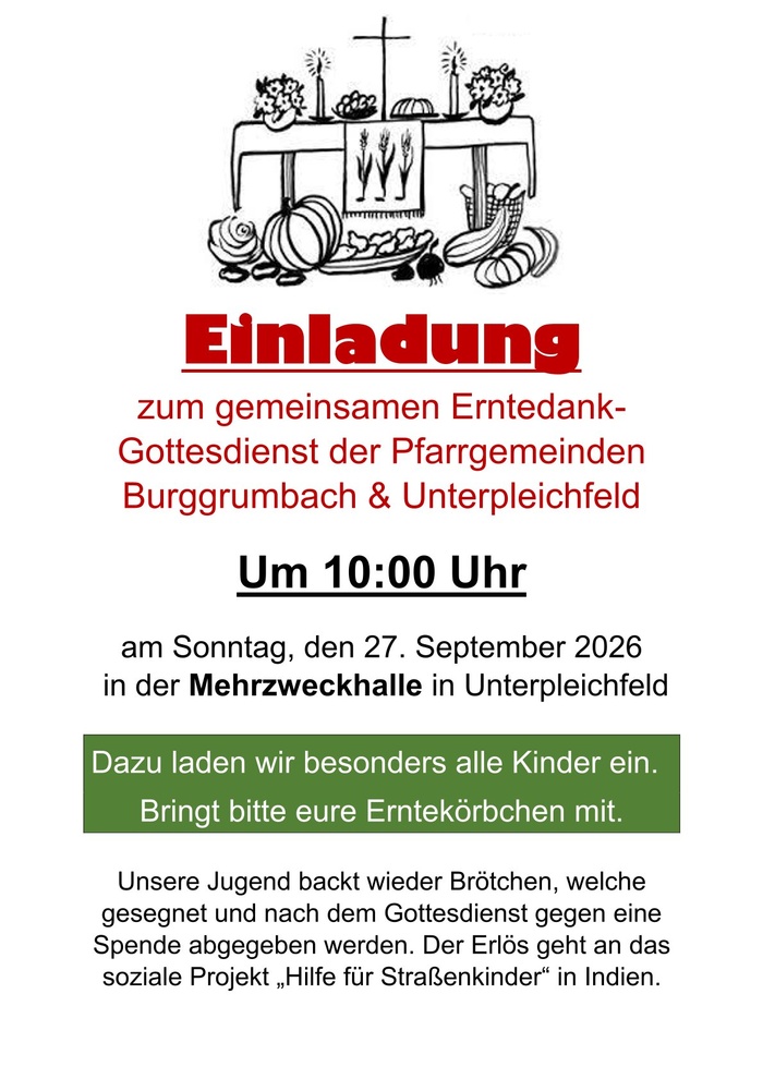 Das ist ein Einladungsplakat zum Erntedankgottesdienst am 27. September 2026 in Burggrumbach.