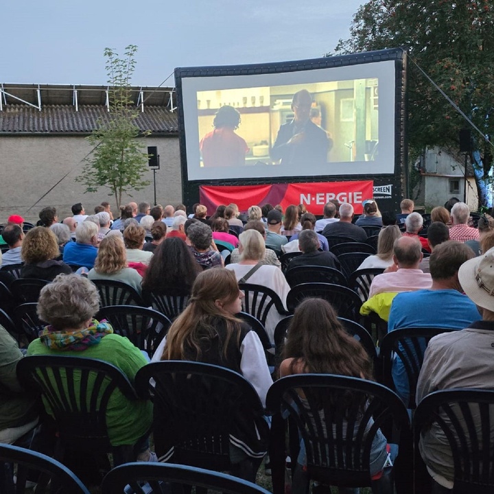 Blick von hinten auf die Leinwand und die Leute, die davor sitzen und den Film schauen.