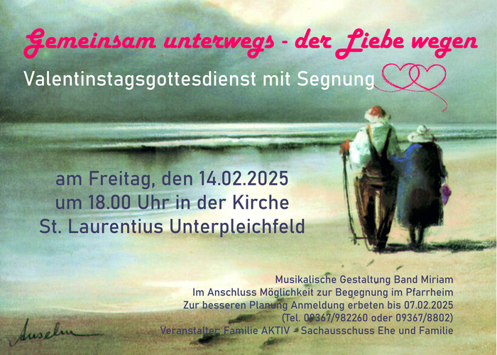 Das Einladungsplakat enthält alle notwendigen Infos. Das Foto zeigt ein älteres Ehepaar von hinten, das an einem Strand spazieren geht.