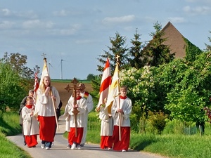 Ministrant:innen gehen in der Gruppe mit Prozessionsfahnen und Kreuz auf den Gottesdienstort zu.